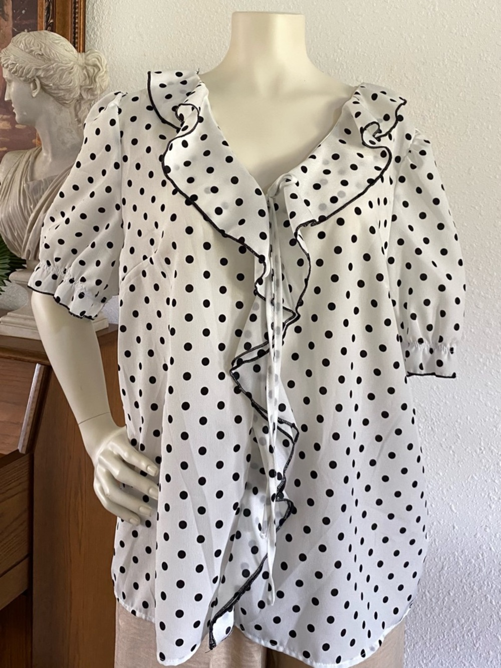 Polka Dot Ruffle Front Blouse - White/Black